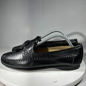 Santoni Aspen Mens Size 9 Loafers Black Leather Lizard Trim Tassel Dress Shoes